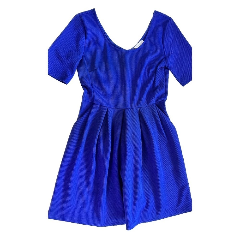 Lush Pleated Swing Skater Dress Scoop Neck Side Pockets Royal Blue Size Large